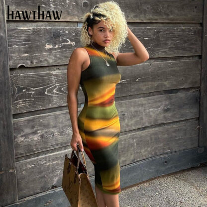 Купить Hawthaw Women Fashion Summer Autumn Sleeveless Bodycon Printed Midi Dress 2021 Fall Female Clothes Wholesale Items Dropshipping