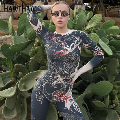 Купить Hawthaw Women Autumn Winter Long Sleeve Printed Bodycon Jumpsuit Overall Macaco Feminino 2021 Fall Wholesale Lots Bulk Clothes