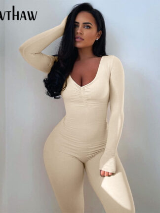 Купить Hawthaw Women Autumn Long Sleeve V Neck Bodycon Fitness Workout Sportswear White Jumpsuit Overall 2021 Fall Wholesale Clothes