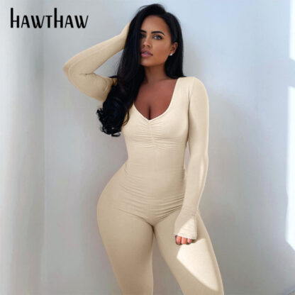 Купить Hawthaw Women Autumn Long Sleeve V Neck Bodycon Fitness Workout Sportswear White Jumpsuit Overall 2021 Fall Wholesale Clothes