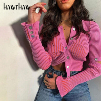 Купить Hawthaw Women Autumn Winter Long Sleeve Knitted Pink T Shirt Crop Tops 2021 Fall Clothes Wholesale Items Haut Femme