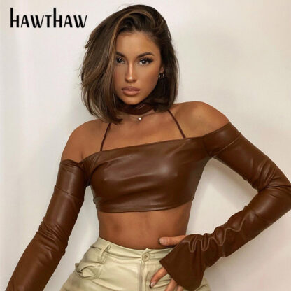 Купить Hawthaw Women Autumn Winter Long Sleeve Slash Neck Soild Color Pu Leather Short Tops T Shirt 2022 Female Clothing Streetwear