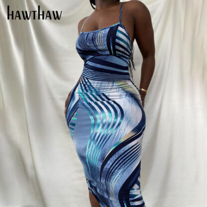 Купить Hawthaw Women Summer Sleeveless Backless Printed Bodycon Slim Package Hip Beach Dress Sundress 2021 Female Clothing Streetwear