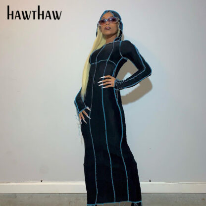 Купить Hawthaw Women Fashion Autumn Winter Long Sleeve Patchwork Hooded Bodycon Long Dress 2022 Female Clothing Streetwear Fall