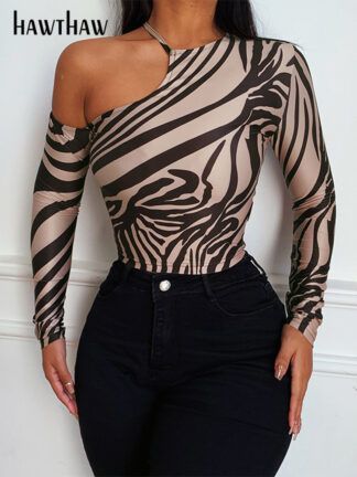 Купить Hawthaw Women Fashion Long Sleeve One Shoulder Zebra Striped Printed Crop Tops T Shirt 2022 Spring Autumn Clothes Wholesale Item