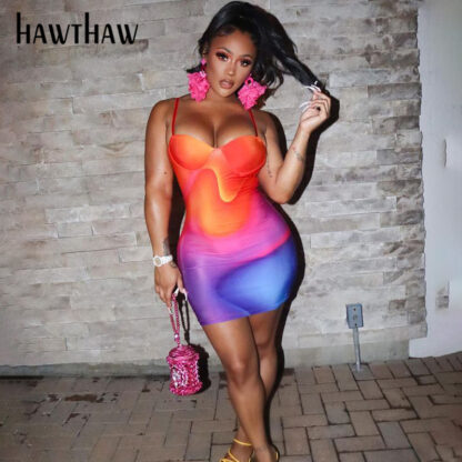 Купить Hawthaw Women Autumn Sleeveless Printed Bodycon Party Club Gradient Strap Mini Dress 2021 Fall Wholesale Lots Bulk Clothes