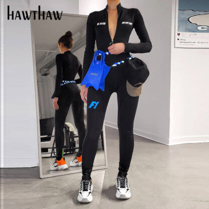 Купить Hawthaw Women Autumn Winter Long Sleeve Zipper Letter Print Bodycon Jumpsuit Romper Overall 2022 Female Clothing Streetwear