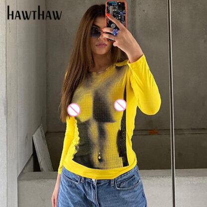 Купить Hawthaw Women Fashion Autumn Long Sleeve Slim Printed T Shirt Tops 2021 Fall Clothes Wholesale Items Streetwear Dropshipping