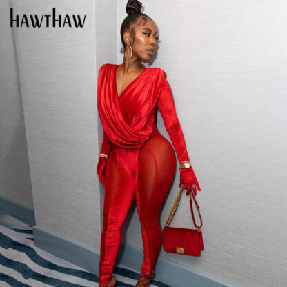 Купить Hawthaw Women Fashion Autumn Long Sleeve V Neck Bodycon Soild Color Jumpsuit Overall 2021 Fall Female Clothing Streetwear