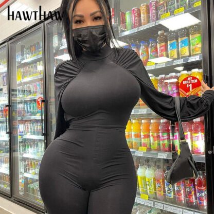 Купить Hawthaw Women Autumn Long Sleeve Bodycon Black Jumpsuit Overalls 2021 Fall Bulk Items Wholesale Lots Streetwear Dropshipping