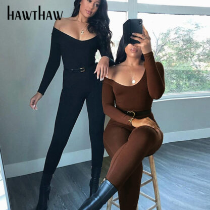 Купить Hawthaw Women Autumn Winter Long Sleeve Soild Color Bodycon Skinny Female Jumpsuit Playsuit Romper 2022 Fall Clothes Streetwear