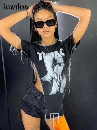 Купить Hawthaw Women Fashion Summer Autumn Short Sleeve Letter Print Irregular Black T Shirt Tops 2021 Fall Clothes Wholesale Items