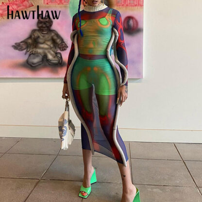 Купить Hawthaw Women Sexy Autumn Long Sleeve Printed Bodycon Mesh See Through Midi Dress 2021 Fall Clothes Wholesale Items Streetwear