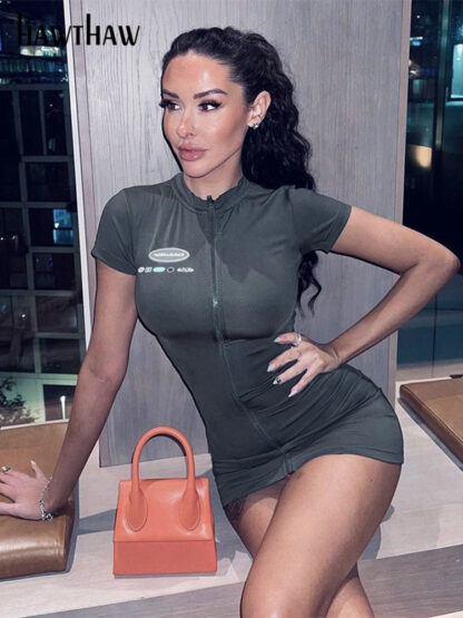 Купить Hawthaw Women Fashion Short Sleeve Zipper Bodycon Sportswear Grey Mini Dress 2022 Summer Clothes Wholesale Items For Business