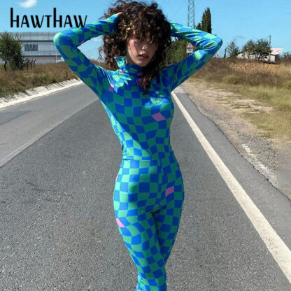 Купить Hawthaw Women Fashion Autumn Long Sleeve Plaid Printed Bodycon Jumpsuit Overall Streetwear 2021 Fall Clothes Wholesale Items