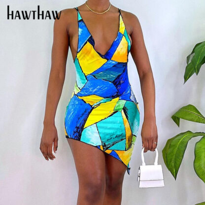 Купить Hawthaw Women Sexy V Neck Party Printed Bodycon Package Hip Tank Mini Short Dress Sundress 2021 Female Clothing Streetwear