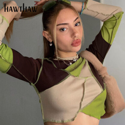 Купить Hawthaw Women Autumn Winter Long Sleeve Color Block Patchwork Short Tops T Shirt Tees Fashion 2022 Female Clothing Streetwear