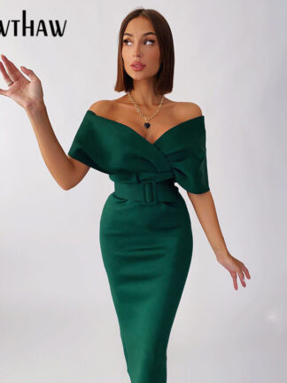 Купить Hawthaw Women Sexy Autumn Party Club Birthday Evening Bodycon Green Midi Pencil Dress 2021 Fall Wholesale Lots Bulk Clothes