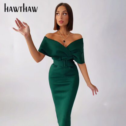 Купить Hawthaw Women Sexy Autumn Party Club Birthday Evening Bodycon Green Midi Pencil Dress 2021 Fall Wholesale Lots Bulk Clothes