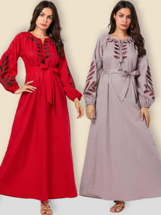 Купить Women Maxi A-line Abaya Dresses Embroidery Lace-up Lantern Sleeve Kimono Muslim Long Dress Dubai Turkish Kaftan Islamic Clothing