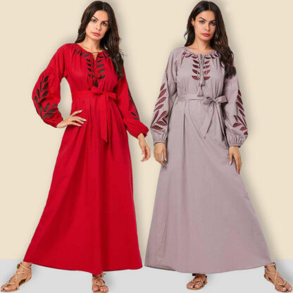 Купить Women Maxi A-line Abaya Dresses Embroidery Lace-up Lantern Sleeve Kimono Muslim Long Dress Dubai Turkish Kaftan Islamic Clothing