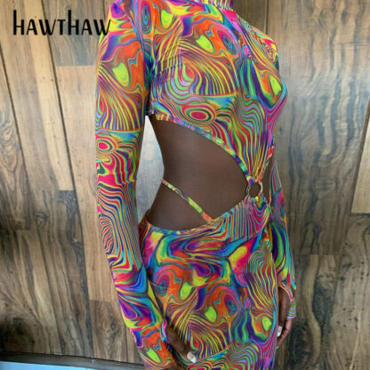 Купить Hawthaw Women Autumn Winter Long Sleeve Hollow Out Printed Mesh Backless Bodycon Mini Dress 2022 Female Clothing Streetwear