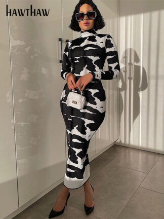 Купить Hawthaw Women Fashion Autumn Long Sleeve Printed Bodycon Pencil Long Dress Streetwear 2021 Fall Clothes Wholesale Items