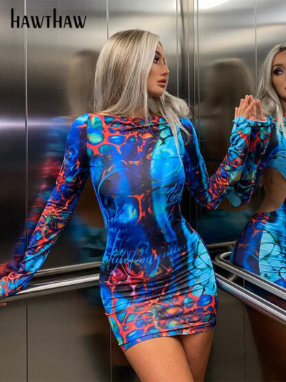 Купить Hawthaw Women Spring Long Sleeve Printed Party Club Bodycon Backless Mini Dress 2022 Summer Clothes Wholesale Items For Business