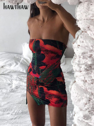 Купить Hawthaw Women Fashion Strapless Printed Bodycon Sleeveless Tube Red Mini Dress 2022 Summer Clothes Wholesale Items For Business