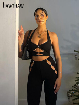 Купить Hawthaw Women Hollow Out Black Crop Tank Tops High Waist Long Pants Two Piece Set Suit Outfit 2022 Summer Clothes Wholesale Item