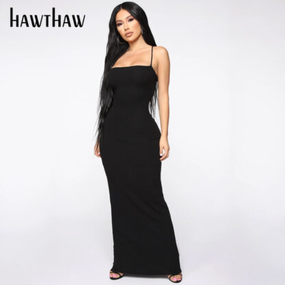 Купить Hawthaw Women Summer Sleeveless Bodycon Soild Color Black Slim Long Tank Dress Sundress Sexy 2021 Female Clothing Streetwear