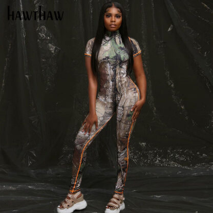 Купить Hawthaw Women Short Sleeve Printed Bodycon Slim Fashion Zipper Jumpsuit Overall Playsuit 2021 Female Clothing Streetwear