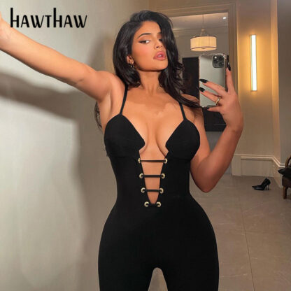 Купить Hawthaw Women Summer Hollow Out V Neck Bodycon Sleeveless Soild Color Black Jumpsuit Overall 2021 Female Clothing Streetwear