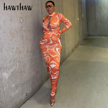 Купить Hawthaw Women Autumn Long Sleeve Sexy Printed Bodycon Ankle Length Long Pencil Dress 2021 Fall Wholesale Lots Bulk Clothes