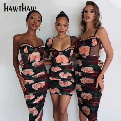 Купить Hawthaw Women Autumn Winter Long Sleeve Square Collar Rose Printed Bodycon Package Hip Mini Dress 2022 Fall Clothes Streetwear