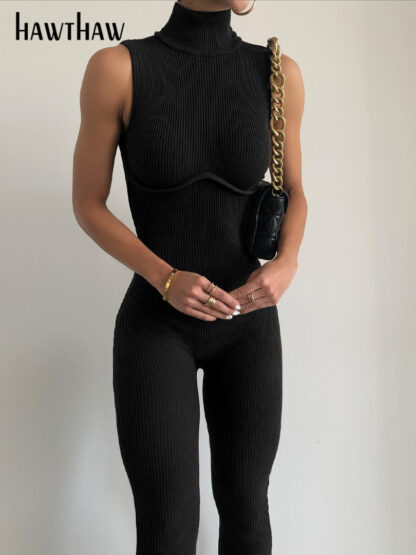 Купить Hawthaw Women Fashion Sleeveless Backless Bodycon Black Jumpsuit Overalls One Piece Outfit 2022 Summer Clothes Wholesale Items