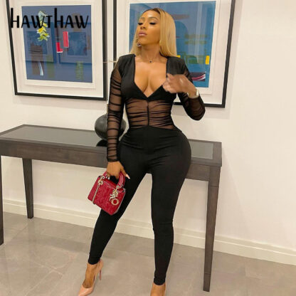 Купить Hawthaw Women Autumn Long Sleeve V Neck Mesh See Through Bodycon Black Jumpsuit Overall 2021 Fall Clothes Wholesale Items