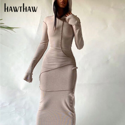 Купить Hawthaw Fashion Women Autumn Winter Long Sleeve Patchwork Bodycon Soild Color Female Pencil Dress 2021 Fall Clothes Streetwear