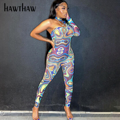 Купить Hawthaw Women Fashion Summer One Shoulder Mesh See Through Printed Bodycon Jumpsuit Overall 2021 Female Clothing Streetwear