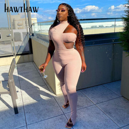 Купить Hawthaw Women Autumn Winter Short Sleeve One Shoulder Hollow Out Bodycon Slim Jumpsuit Romper 2022 Female Clothing Streetwear