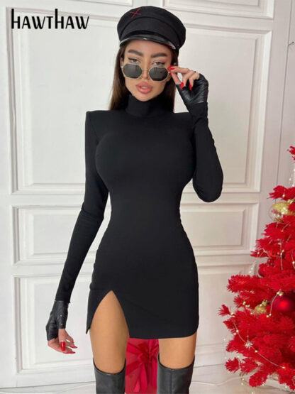 Купить Hawthaw Women Spring Autumn Long Sleeve Bodycon Soild Color Black Slim Package Hip Mini Dress 2021 Female Clothing Streetwear