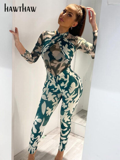 Купить Hawthaw Women Long Sleeve Mesh See Through Printed Bodycon Green Jumpsuit Overalls 2022 Spring Autumn Clothes Wholesale Items