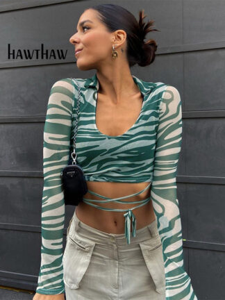 Купить Hawthaw Women Autumn Winter Long Sleeve Striped Printed Mesh See Through Crop Tops T Shirt 2021 Fall Clothes Wholesale Items