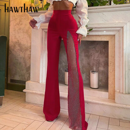 Купить Hawthaw Women Autumn Winter High Waist Mesh See Through Flare Long Pants Bottoms 2021 Fall Clothes Wholesale Items Streetwear