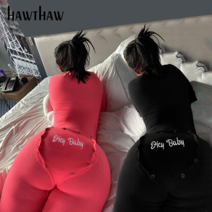 Купить Hawthaw Women Autumn Winter Long Sleeve Letter Print Bodycon Sportswear Jumpsuit Playsuit Romper 2022 Fall Clothes Tracksuit