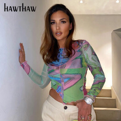 Купить Hawthaw Women Fashion Autumn Long Sleeve Patchwork Printed Slim T Shirt Crop Tops 2021 Fall Clothes Wholesale Items Dropshipping