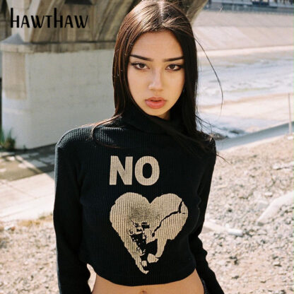 Купить Hawthaw Women Fashion Autumn Winter Long Sleeve Letter Print Black Crop Tops T Shirt Tees 2021 Fall Wholesale Lots Bulk Clothes