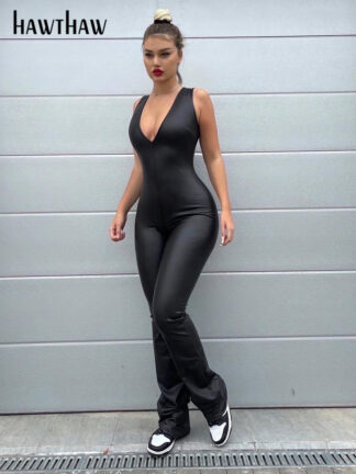 Купить Hawthaw Women Sexy V Neck Sleeveless Pu Leather Bodycon Black Jumpsuit Overalls One Piece Outfit 2022 Summer Clothes Wholesale