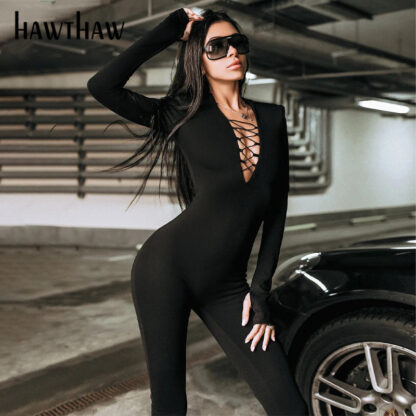 Купить Hawthaw Women Autumn Long Sleeve Hollow Out V Neck Bodycon Black Jumpsuit Overall 2021 Fall Clothes Wholesale Items Streetwear