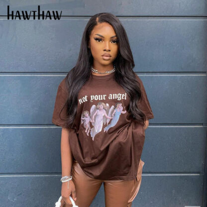 Купить Hawthaw Women Summer Fashion Short Sleeve Printed Loose Casual O Neck Tops Blouse T Shirt Tee 2021 Female Clothing Streetwear